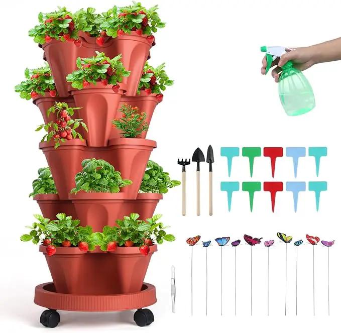 Vertical Planter, 5 Tier Stackable Strawberry Planter with Garden Tool Set, Movable Indoor/Outdoor Garden Herb Pot for Growing Vegetables and Succulents, Red by GreenHaven Gardens