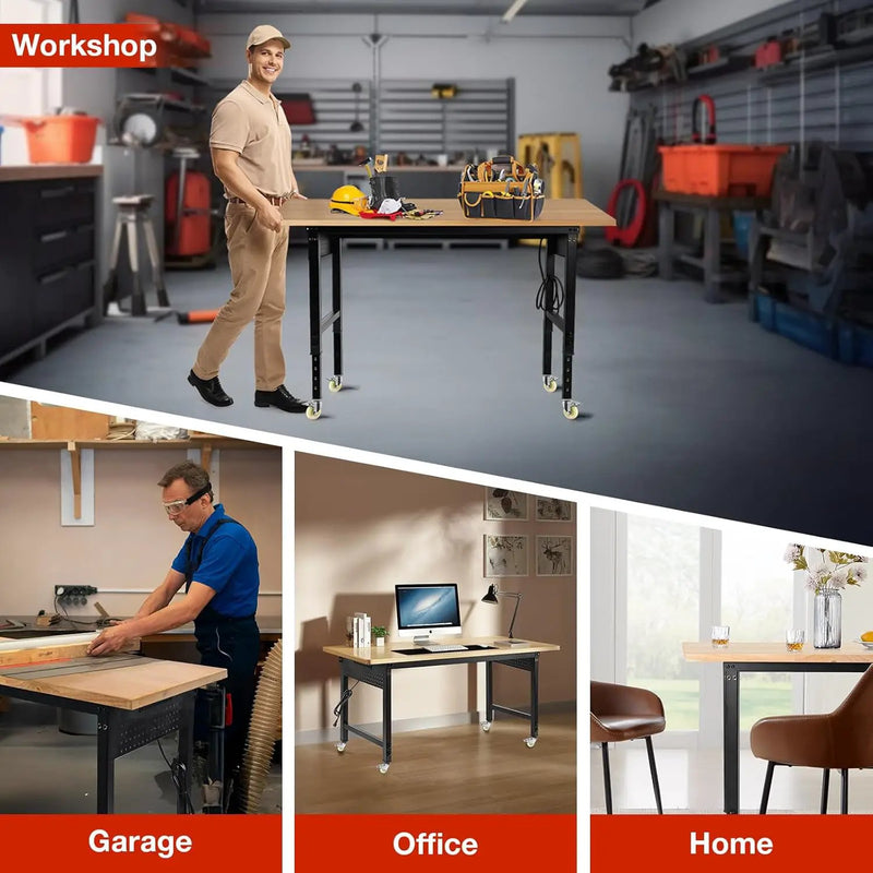 Height Adjustable Workbench with Wheels 60”×22” Heavy Duty Work Table 2000 LBS Capacity Rolling Work Table Rubber Wood Work Station with Power Outlet & Pegboard for Garage, Office, Workshop, Home by GreenHaven Gardens