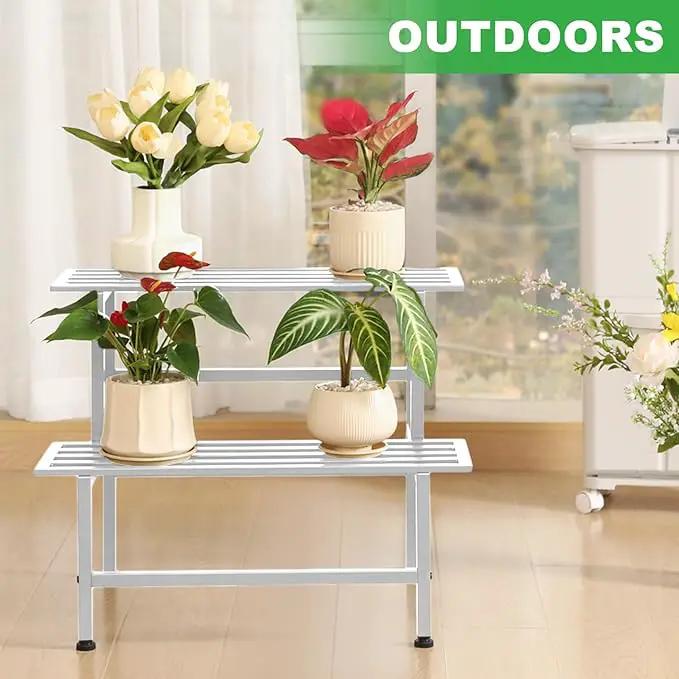 Metal Plant Stand Outdoor Plant Shelf Indoor,2 Tier Heavy Duty Ladder Plant Stands for Multiple Plants,26" L x 20.25" H x 17.75" W,White by GreenHaven Gardens