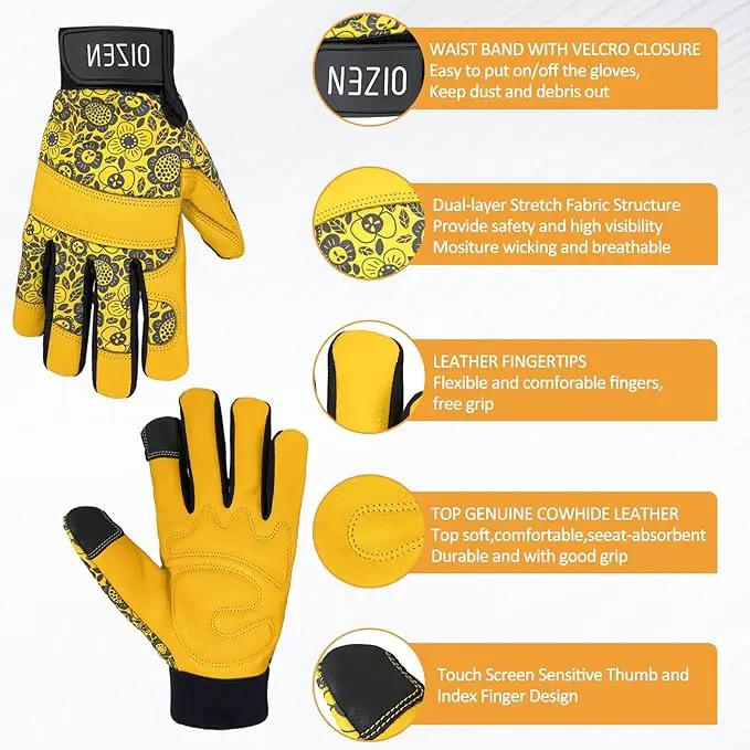 Cowhide Leather Thorn Proof & Puncture Resistant Gardening Gloves for Women and Men, Touchscreen Compatible Working Gloves for Weeding, Digging, Planting, Gardening Gifts for Women (Size Medium) by GreenHaven Gardens