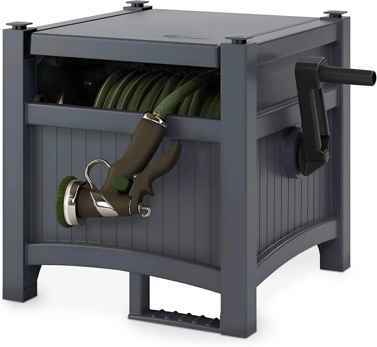 Suncast Garden Hose Hideaway Storage Reel Box, Cyberspace Grey – Resin Outdoor Container, Holds up to 100 Feet of 5/8 Inch Standard Vinyl Water Line – No Assembly Required by GreenHaven Gardens
