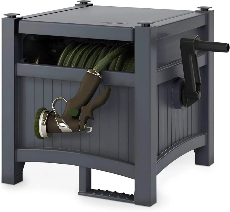 Suncast Garden Hose Hideaway Storage Reel Box, Cyberspace Grey – Resin Outdoor Container, Holds up to 100 Feet of 5/8 Inch Standard Vinyl Water Line – No Assembly Required by GreenHaven Gardens