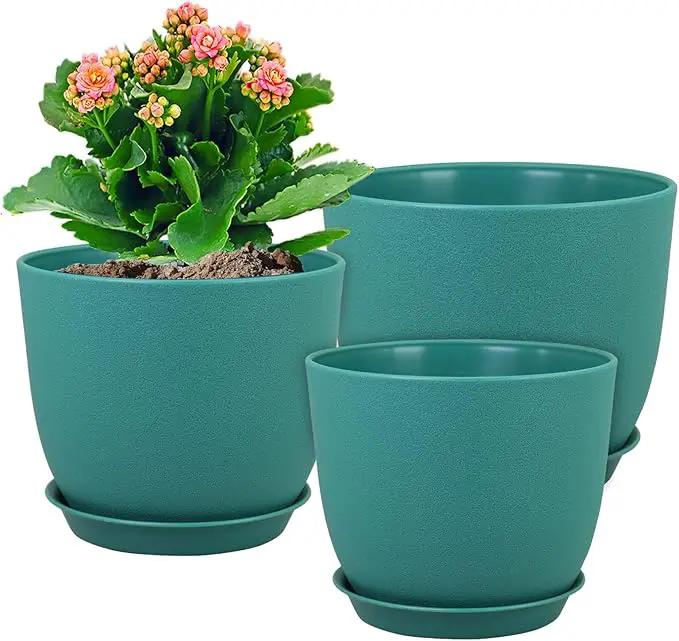 Large Flower Pots 12/10/9 inch, Set of 3 Modern Decorative Plastic Planters with Drainage Holes and Saucers for House Plants, Plant Pots for Indoor Outdoor Plants, Blue Green by GreenHaven Gardens