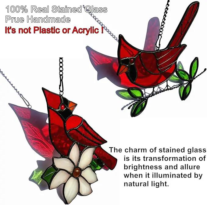 2 Packs Stained Glass Red Cardinal Memorial Gifts for Women, Stained Glass Window Hanging, Red Cardinal on Branch Ornament Suncatcher, Handmade Bird Decor Gift for Mom, Bird Lover by GreenHaven Gardens