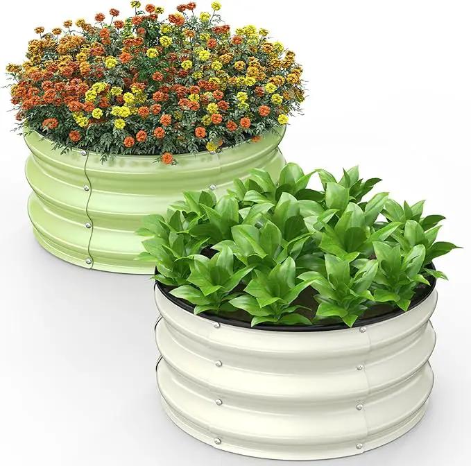 2pcs 2x2x1 FT Galvanized Raised Garden Bed Kit, Round Raised Garden Beds Outdoor Raised Beds for Gardening, Planter Boxs for Vegetables Flower Herb(Pearl White & Sage Green) by GreenHaven Gardens