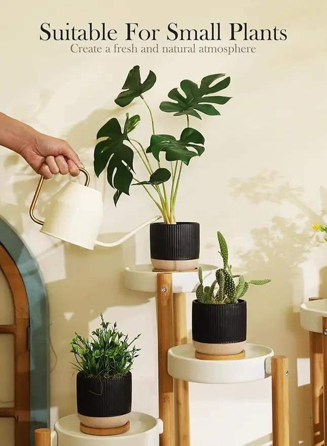 AOMRYOM 4 Inch Small Ceramic Plant Pots with Drainage Hole and Saucer, Modern Flower Planter for Succulent, Indoor Plants, Cactus, Herbs, Black, Set of 4 (Plant Not Included) by GreenHaven Gardens