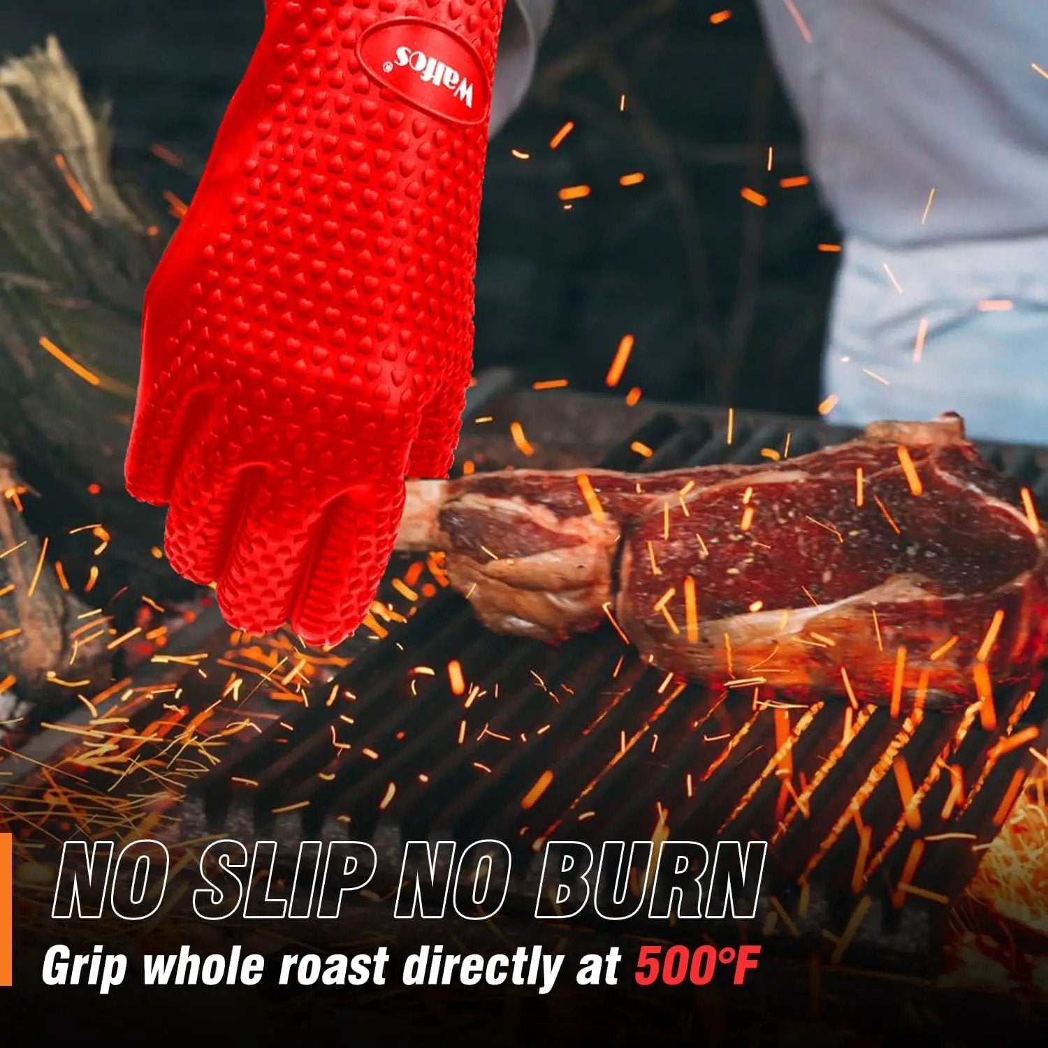 Walfos Silicone BBQ Gloves - Heat Resistant Grilling Gloves, Premium Non-Slip Kitchen Silicone Oven Mitt with Protective Cotton Layer Inside, Waterproof, Great for Grilling, Kitchen and Cooking, Red by GreenHaven Gardens