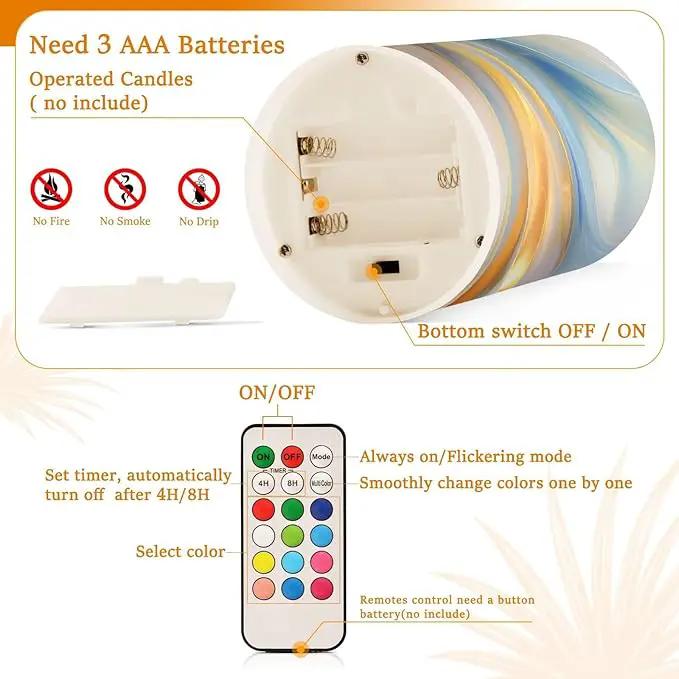 Flickering Flameless Candles, Blue Gold Marble LED Candles with Remote Timer, Set of 2 Battery Operated Candle for Valentine Wedding Birthday by GreenHaven Gardens