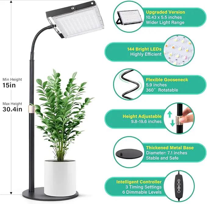 LBW Grow Light for Indoor Plants, 144 LED Full Spectrum Plant Light for Indoor Plants, Large Desk Grow Lamp with 4H/8H/12H Timer, 6-Level Brightness, Height Adjustable, Flexible Gooseneck by GreenHaven Gardens