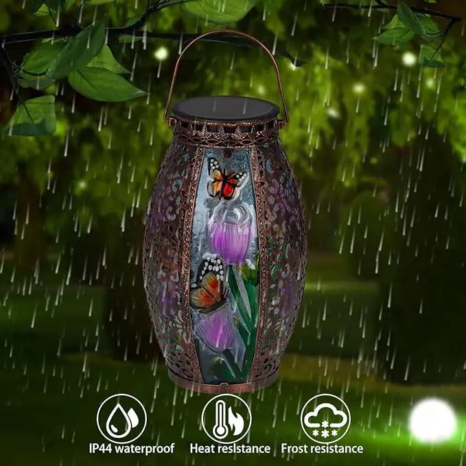 Solar Lanterns Outdoor Hanging Light - Solar Powered LED Butterfly Glass Lights Decorative Waterproof Tabletop Lampwith Hollowed-Out Design for Indoor Yard Table Patio Garden Pathway Holiday by GreenHaven Gardens