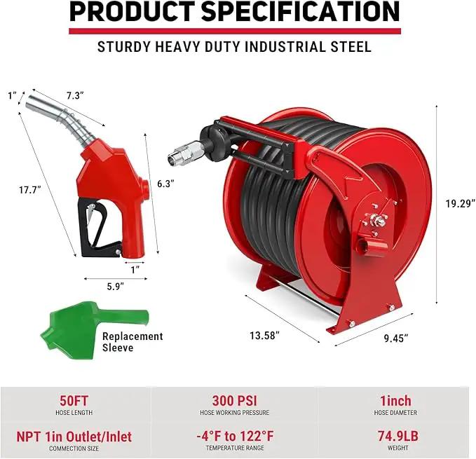 Fuel Hose Reel, Retractable 1" x 50' Extra Long Diesel Hose, 300 PSI Industrial Carbon Steel Diesel Hose Reel Auto Swivel Rewind with Fueling Nozzle for Vehicle Tank Truck Trailer Ship by GreenHaven Gardens