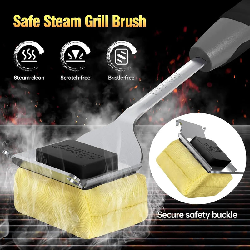 Grill Cleaning Brush Bristle Free for Outdoor Grill Brush Extended Handle for Cast Iron Stainless-Steel Grates, Replaceable BBQ Cleaner Brush Head, Steam Safe Grill Brush with Scraper, Black by GreenHaven Gardens