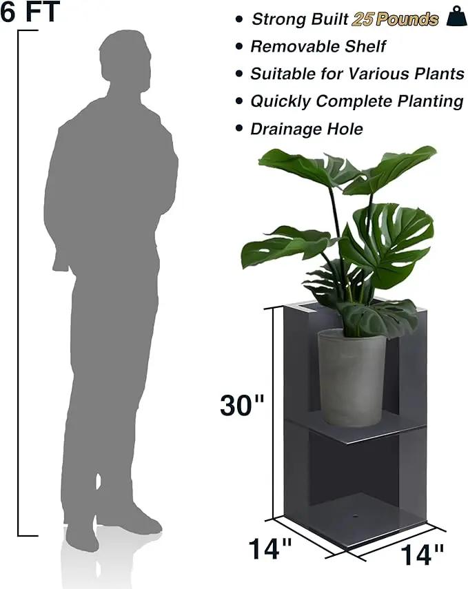 Metallic Heavy Tall Outdoor/Indoor Planter Box, Rectangular, 14Lx14Wx30H Inches, ‎25LBS/PC, Dark Gray, No Assembly Required and Seamless, Set of 2 by GreenHaven Gardens