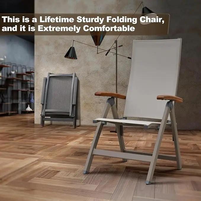 Adjustable Folding Chair, Indoor & Outdoor Balcony, Patio Porch, Garden Lawn, Pool, for Comfortable Foldable Chairs, Portable Cozy Recliner, Metal Frame with Teak armrest, Durable by GreenHaven Gardens