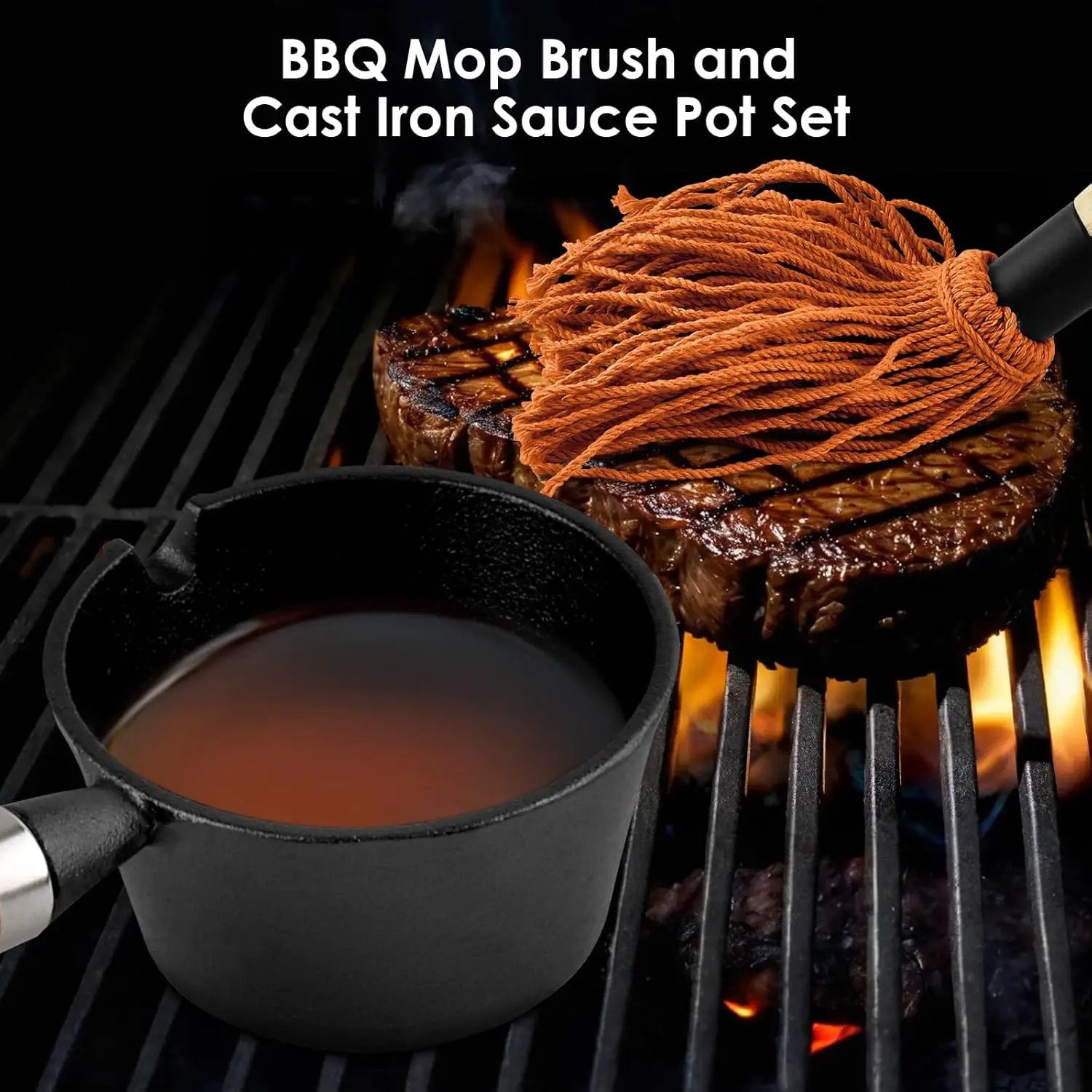 BBQ Mop Brush and Cast Iron Sauce Pot Set, 8Pcs Barbecue Accessories Include Basting Melting Pot, 2 Size Wooden Handle Sauce Mops with 4Pcs Replacements and Oil Brush for Meat Smoker, Grill, Stove by GreenHaven Gardens