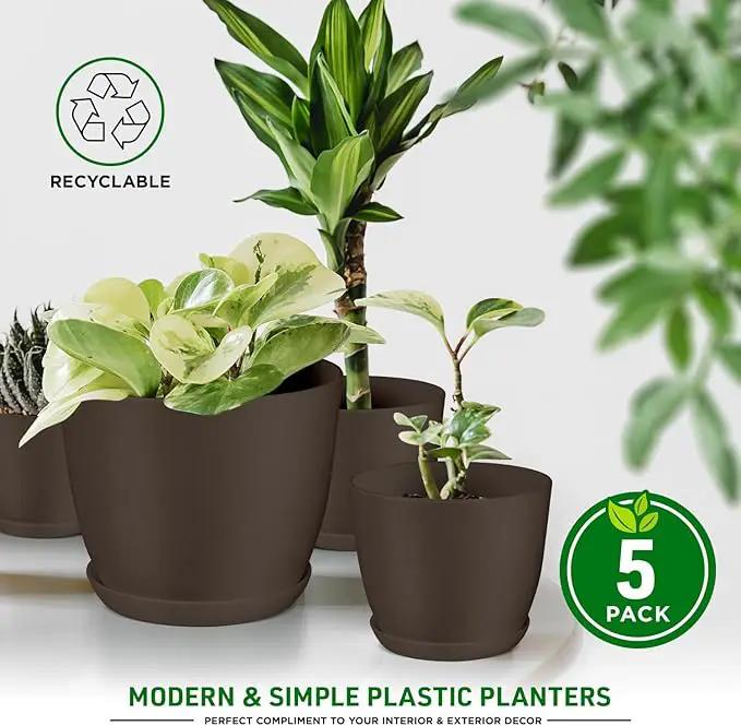 Planter Pots with Drainage Holes - Lightweight, Durable & Space-Saving Pots for Indoor and Outdoor - Versatile Functionality, Simple Modern Design, Set of 5 Plastic Planter Pots - Brown by GreenHaven Gardens