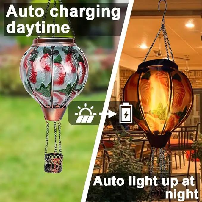 2PC Hot Air Balloon Solar Lantern with 2PC Shepherd Hook, Flickering Flame Hanging Solar Lanterns Outdoor Lights Waterproof Lanterns for Garden Patio Yard Party Decor (Hummingbirds & Flowers) by GreenHaven Gardens
