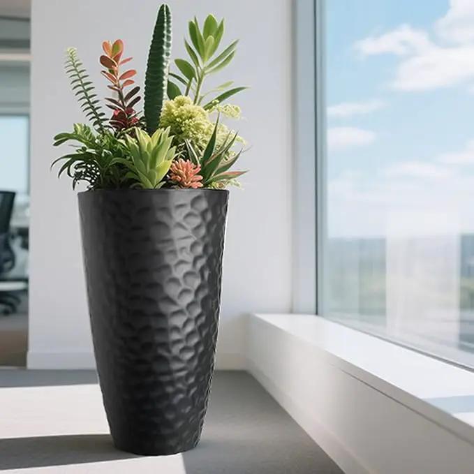Worth Garden 24" H Tall Hammered Texture Planters Set of 2 - Matte Black Plastic Flower Pot with Drainage Holes, Modern Outdoor Indoor Lightweight Pots for Large Plants, Durable Decor Containers by GreenHaven Gardens