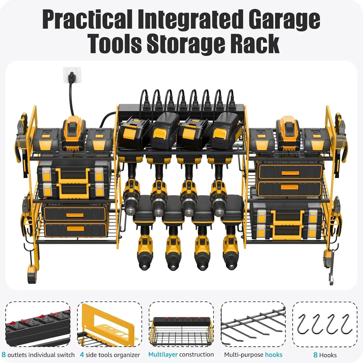 CCCEI Yellow Power Tool Organizer Wall Mount, Large Tools and Battery Storage Rack Charging Station Individual Switches. Drills Holder, Garage Utility Shelves with 6FT Power Strip. Gift for Men. by GreenHaven Gardens