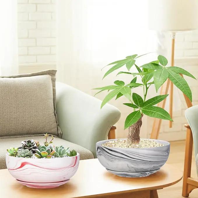 G EPGardening 8in Marble Pattern Large Round Succulent Planter Pot Modern Flower Pot Indoor and Outdoor Planter with Marble Tray by GreenHaven Gardens
