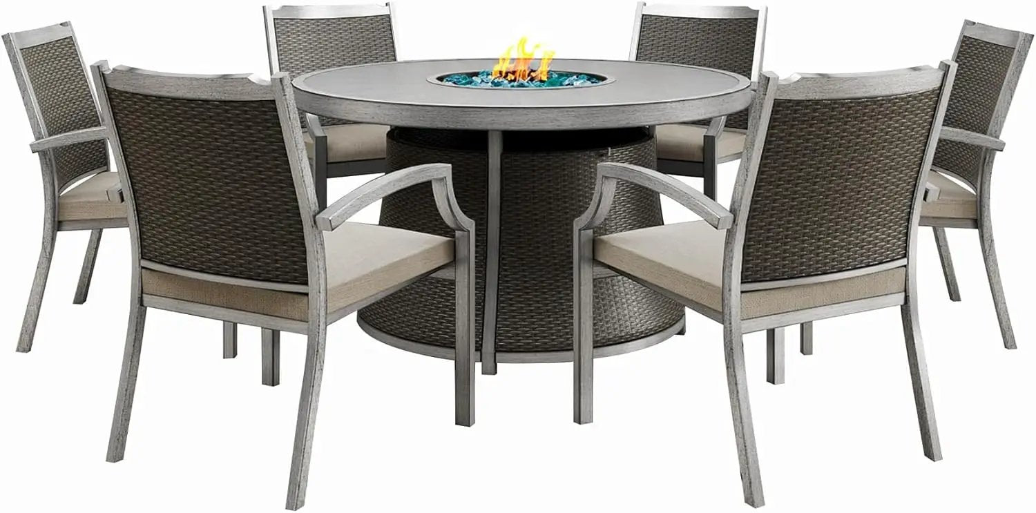 Mazatzal 7 Piece Wicker Patio Furniture Set with 52" Round Propane Gas Firepit Table, 6 Patio Chairs with Cushions, Outdoor Aluminum Conversation Set for Poolside, Backyard, CSA Certified, Gray by GreenHaven Gardens