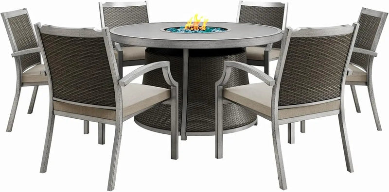 Mazatzal 7 Piece Wicker Patio Furniture Set with 52" Round Propane Gas Firepit Table, 6 Patio Chairs with Cushions, Outdoor Aluminum Conversation Set for Poolside, Backyard, CSA Certified, Gray by GreenHaven Gardens