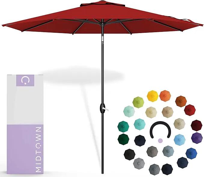 Midtown Umbrellas Sunbrella Umbrella 9 Feet Outdoor Umbrella With Red Acrylic Fabric - Auto-Tilt Aluminum Frame Patio Umbrella For Backyard, Deck, Garden, Pool - Black Pole by GreenHaven Gardens