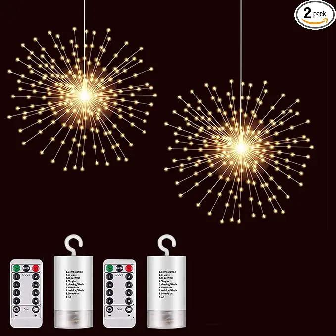 2 Pack Hanging Decor Lights,200 LED Battery Powered Fairy Light, Fireworks Light with Remote, Waterproof Starburst Lights for Gardens Courtyards Christmas Festive Wedding Parties (Warm White) by GreenHaven Gardens