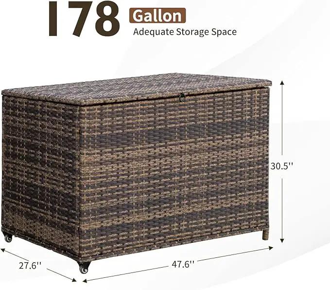 178 Gallon Outdoor Storage Box, Handle Large Portable Wicker Rattan Deck Box for Patio Furniture Cushions, Patio Deck Box with 2 WheelsThrow Pillows, Garden Tools and Pool Floats (Brown) by GreenHaven Gardens