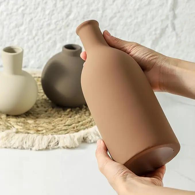 Vase Set of 3 | Ceramic Neutral Vases Home Decor | Rustic Flower Pottery Vases Modern Farmhouse Vase for Table Entryway Mantel Centerpiece Bookshelf Living Room Bathroom Bedroom -Brown Large by GreenHaven Gardens