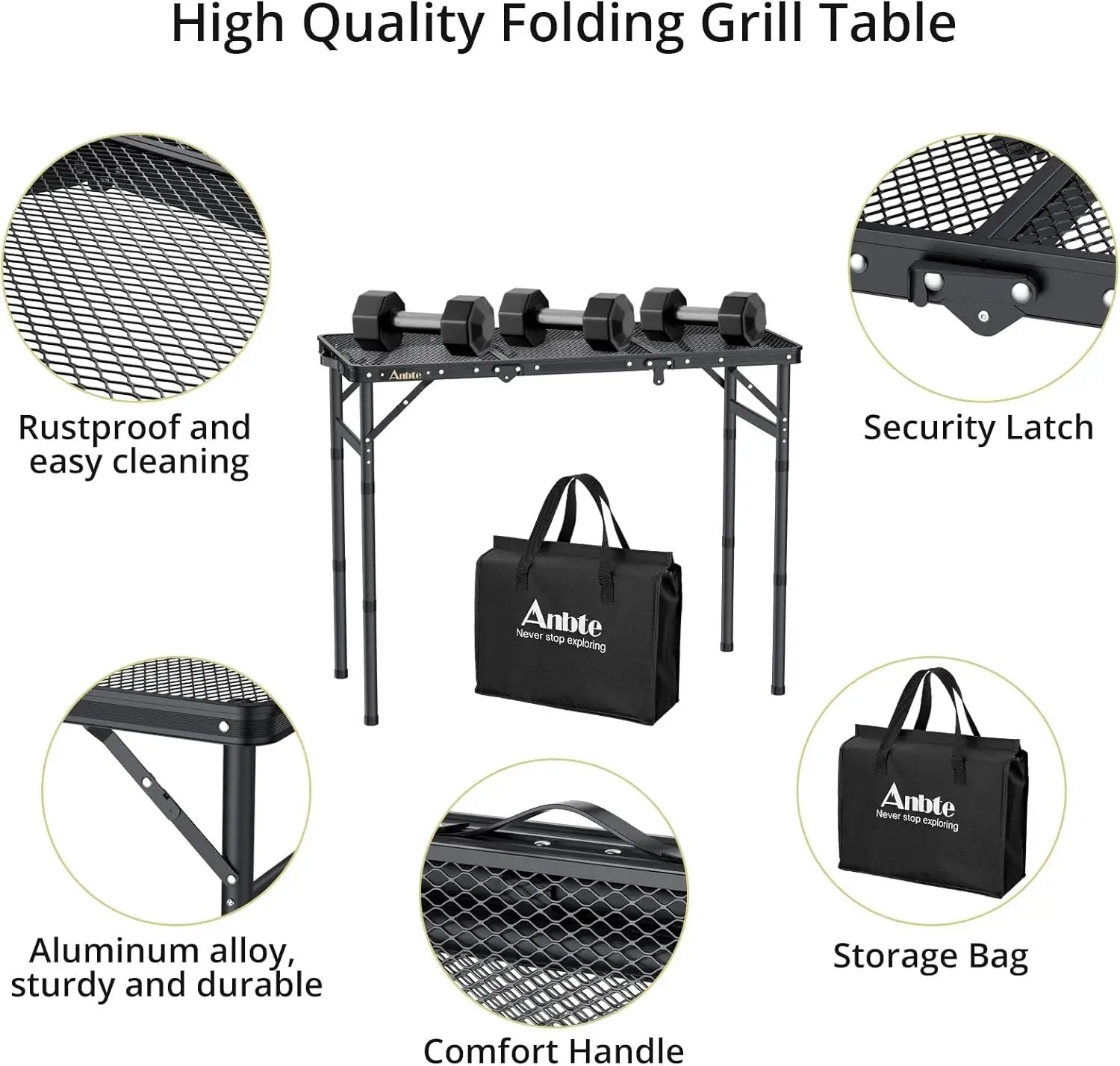 Folding Grill Table, Aluminum Camping Table Adjustable Height Max 27.5" Picnic Table Outdoor Table, Lightweight, Portable Handle for Travel Cooking BBQ Picnic, 35" x 16", Black by GreenHaven Gardens