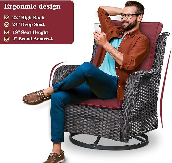 5 Piece Outdoor Patio Furniture Set - Wicker Furniture Patio Conversation Set, Outdoor Swivel Rocker Chairs with Loveseat Sofa and 2 Ottomans for Small Space, Red Cushion by GreenHaven Gardens
