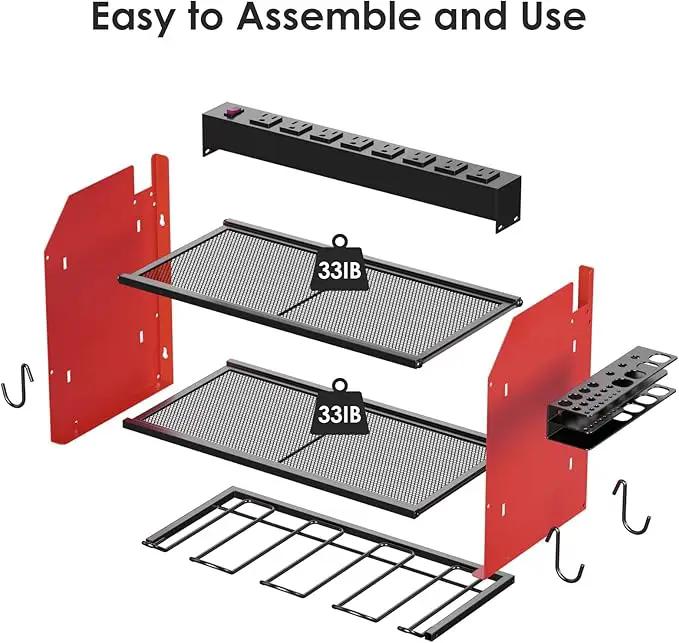 CCCEI Modular Power Tool Organizer Wall Mount with Charging Station. Garage 4 Drill Storage Shelf with Hooks, Screwdriver, Drill Bit Heavy Duty Rack, Tool Battery Holder Built in 8 Outlet Power Strip. by GreenHaven Gardens