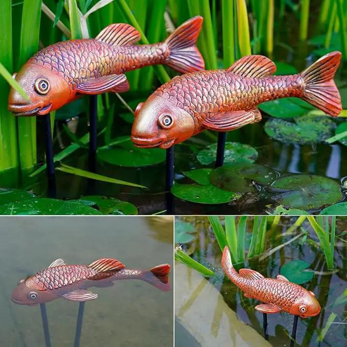 Antique Ceramic Koi Fish Garden Statues - Set of 2 | Exquisite Fish Sculptures for Outdoor, Patio, Pond, and Garden Decorations (Brassy) by GreenHaven Gardens