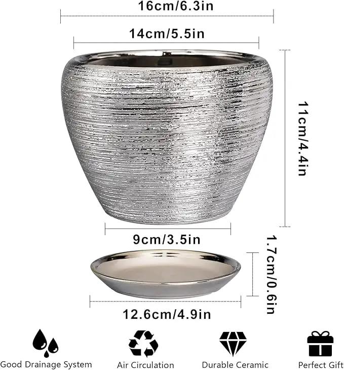 Ceramic Planter - 6 Inch Plant Pot Indoor with Drainage Hole and Saucer Outdoor Pot for Plants Round Decorative Planter Modern Mid-Century Flower Pot for Office Decor Silver by GreenHaven Gardens