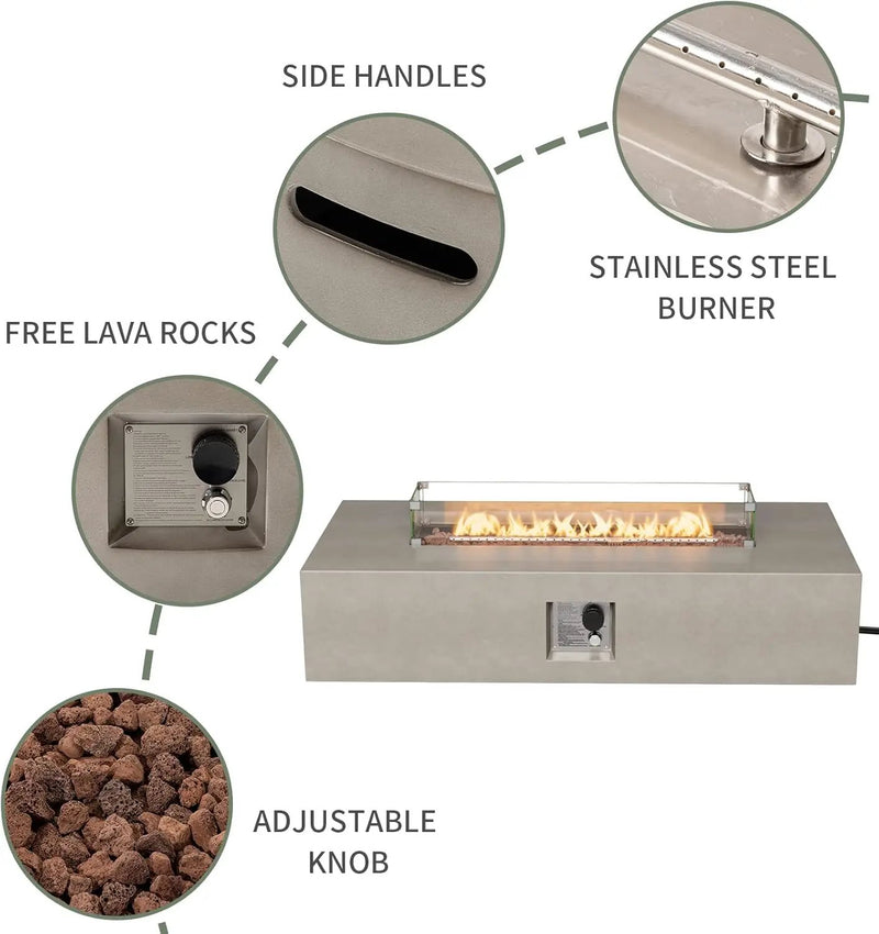 COSIEST 2-Piece Outdoor Propane Fire Table Set, Rectangle Concrete 56" x 28" Gray Fire Pit (CSA Certified, 50,000 BTU) w 20lb Tank Table, Wind Guard, Waterproof Cover for Garden, Porch, Backyard by GreenHaven Gardens