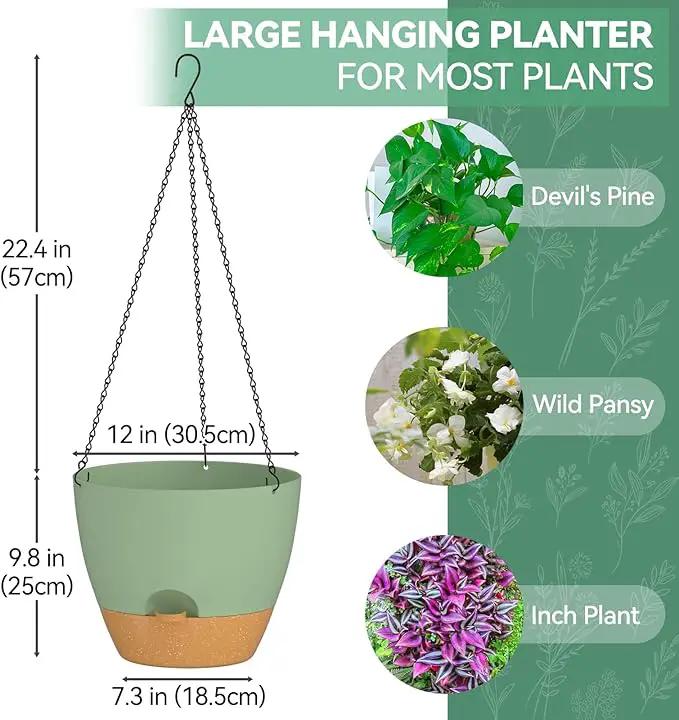 ZMTECH 12 Inch Hanging Planters for Indoor Outdoor Plants, 1 Pack Self Watering Hanging Plant Pots with Drainage Holes and Removable Saucer, Plastic Flower Hanging Pots with Watering Lip (Green) by GreenHaven Gardens