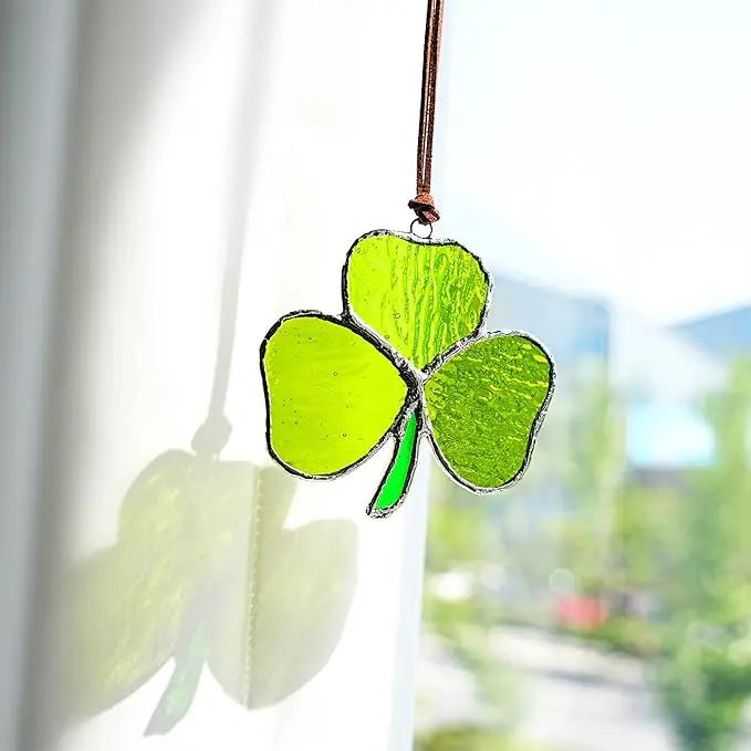 Handmade Stained Glass Shamrock Sun Catcher Window Hanging Irish Suncatcher St. Patrick's Day Decor for Home Green Clover Flower Stained Glass Window Panels for Window 3inch by GreenHaven Gardens