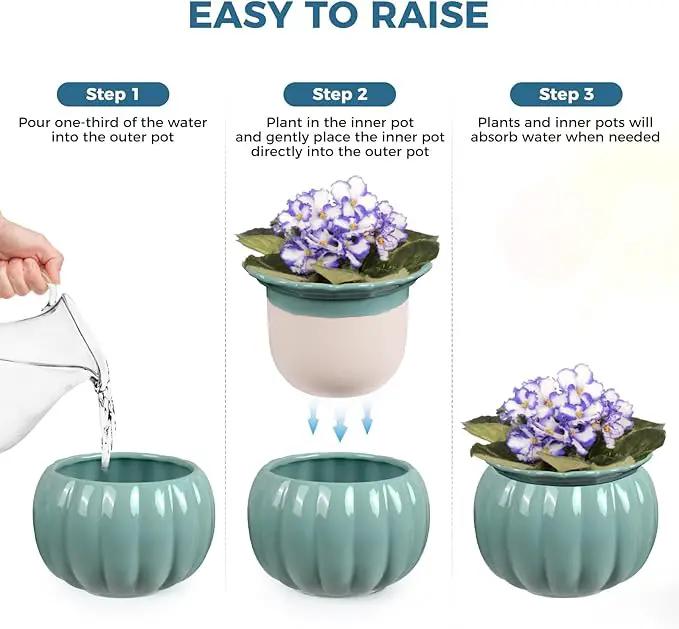 African Violet Pots, 6 inch Pumpkin-Style Ceramic Easy Self Watering Plant Pot for Busy Plant Lovers, Automatically Absorb Appropriate Amount of Water, Flower Pot Indoor-Plants Not Included by GreenHaven Gardens