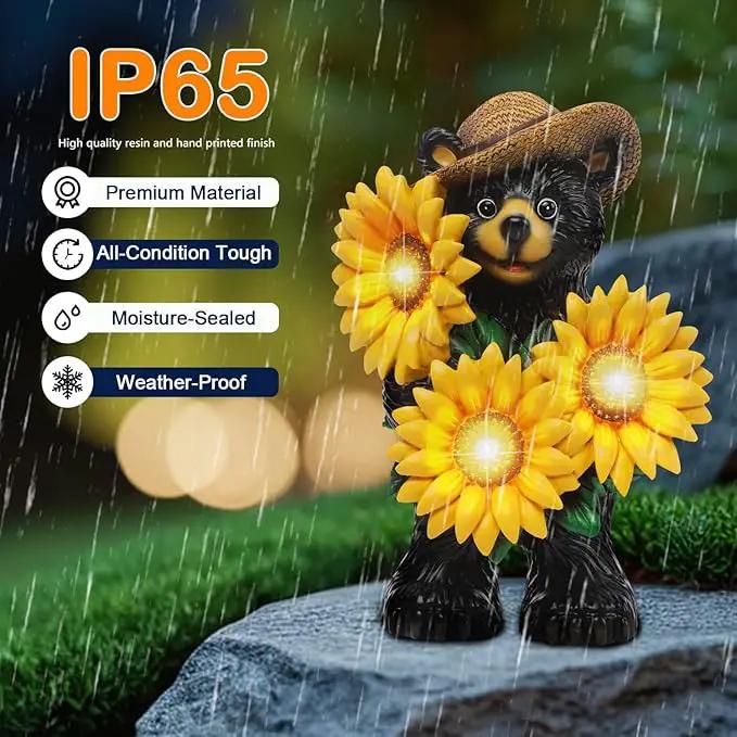 Bear Statue with Sunflowers LED Light 7.2" Solar Lamp Outdoor Garden Patio Yard Porch Lawn Decor Waterproof Resin Black Bear Figurine Unique Garden Gifts for Women Mom Grandma Sister by GreenHaven Gardens