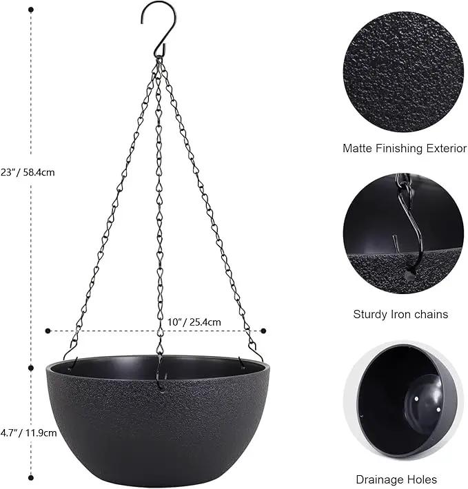 10 inch Hanging Planters for Indoor Outdoor Plants, 2 Pack Hanging Flower Pots with Drainage Holes and Chain for Garden Porch Plants, Round Plastic Hanging Baskets for House Plants, Black by GreenHaven Gardens
