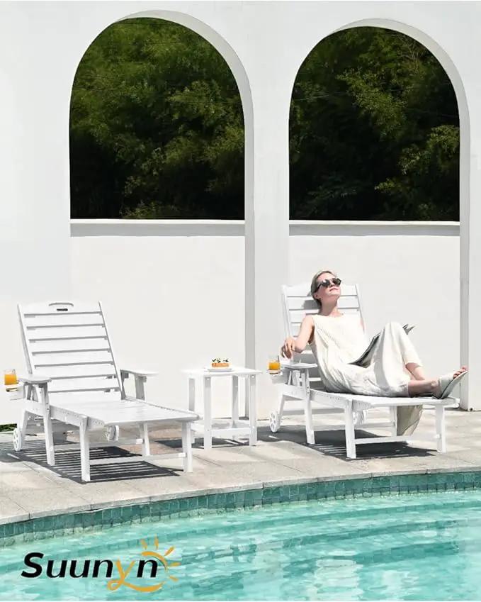 Lounge Chair Outdoor Set of 4 with Wheels, Adjustable 6-Position Chaise Lounge Outdoor, Patio Lounge Chair for Poolside Backyard, White by GreenHaven Gardens
