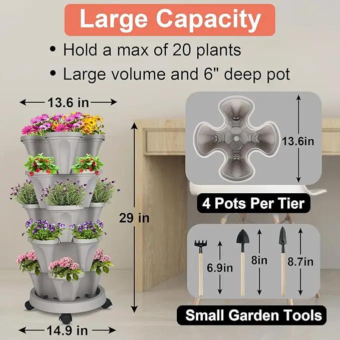 Vertical Planter 5 Tier Stackable Planters Garden Planters Strawberry Herb Flower and Vegetable Planter Indoor Outdoor Gardening Pots with Removable Wheels and Tools by GreenHaven Gardens