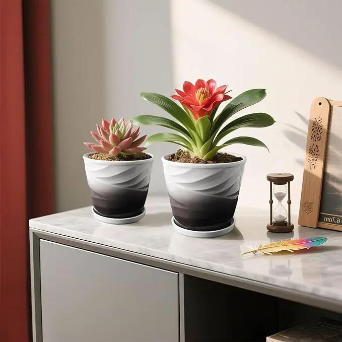 Ceramic Plant Pots,6.7 + 5.5 Inch,Set of 2,Planters with Drainage Hole and Saucer,Flower pots for Indoor Plants,Modern Design(Dark Gray+White) by GreenHaven Gardens