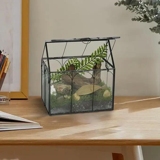 Ferrisland Glass Terrarium Plants with Lid, Black Geometric Terrarium Jar for Succulent Air Carnivorous Plant Moss Snail, House Shape Mini Tabletop Greenhouse Indoor Decor DIY Present (Only Terrarium) by GreenHaven Gardens