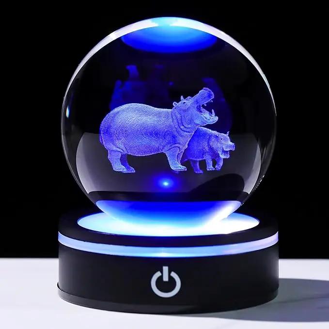 YWHL 3D Hippo Crystal Ball Figurine with LED Base Laser Hippopotamus Gifts for Women Men on Christmas Birthday Decorative Hippo Ball Glass Hippopotamus Globe Night Light for Home Decor (80mm) by GreenHaven Gardens