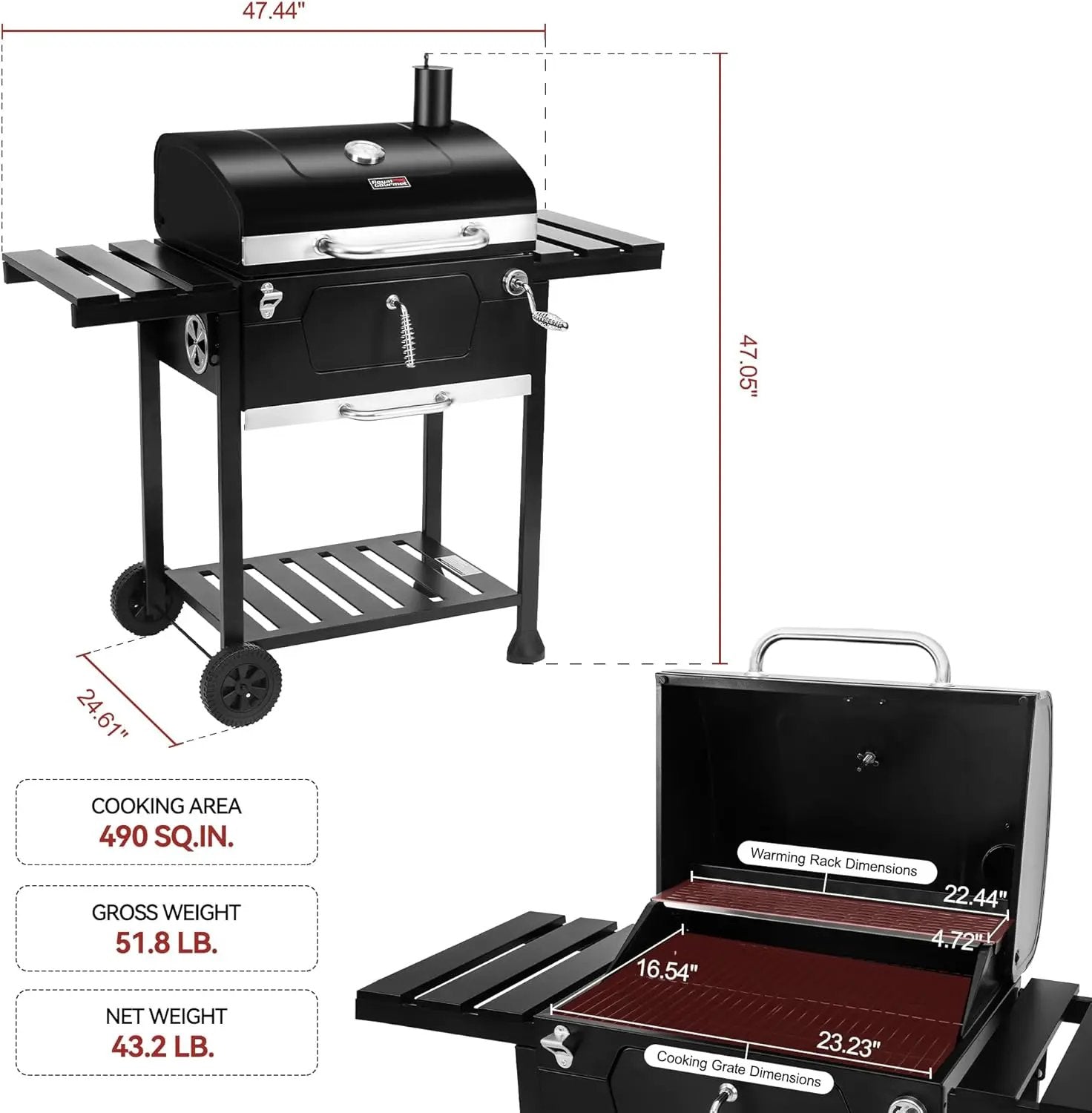 Royal Gourmet CD1824EN 24-Inch Movable Charcoal Grill with Foldable Side Tables, Outdoor Barbecue Grill with 490 Sq. In. Cooking Area for Outdoor Picnic and Camping Grilling, Black by GreenHaven Gardens