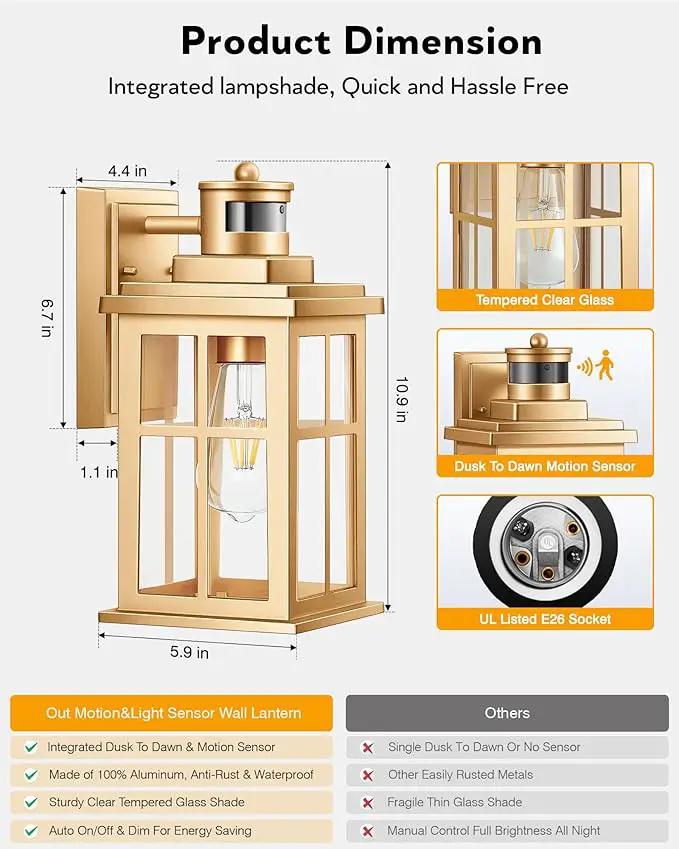 Motion Sensor Outside Lights for House, Modern Dusk to Dawn Outdoor Lighting, 2 Pack Gold Anti-Rust Outdoor Wall Lights with Transparent Glass, Waterproof Outdoor Porch Lights for House, Patio by GreenHaven Gardens