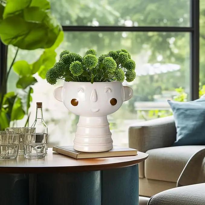 Head Planter for Indoor Plants - 7 Inch Ceramic Face Planter, Cute Succulent Pot with Drainage Hole, Indoor Outdoor Flower Plant Pot, Home Garden Decor, Gift for Plant Lovers, White by GreenHaven Gardens