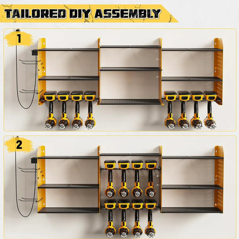 Power Tool Organizer with Charging Station Wall Mount, 3 Layer Expanded Heavy Duty Garage Organization, 45.5 Inch Length Garage Tool Storage, 8 Drills, 2 Assemble Method, Yellow by GreenHaven Gardens